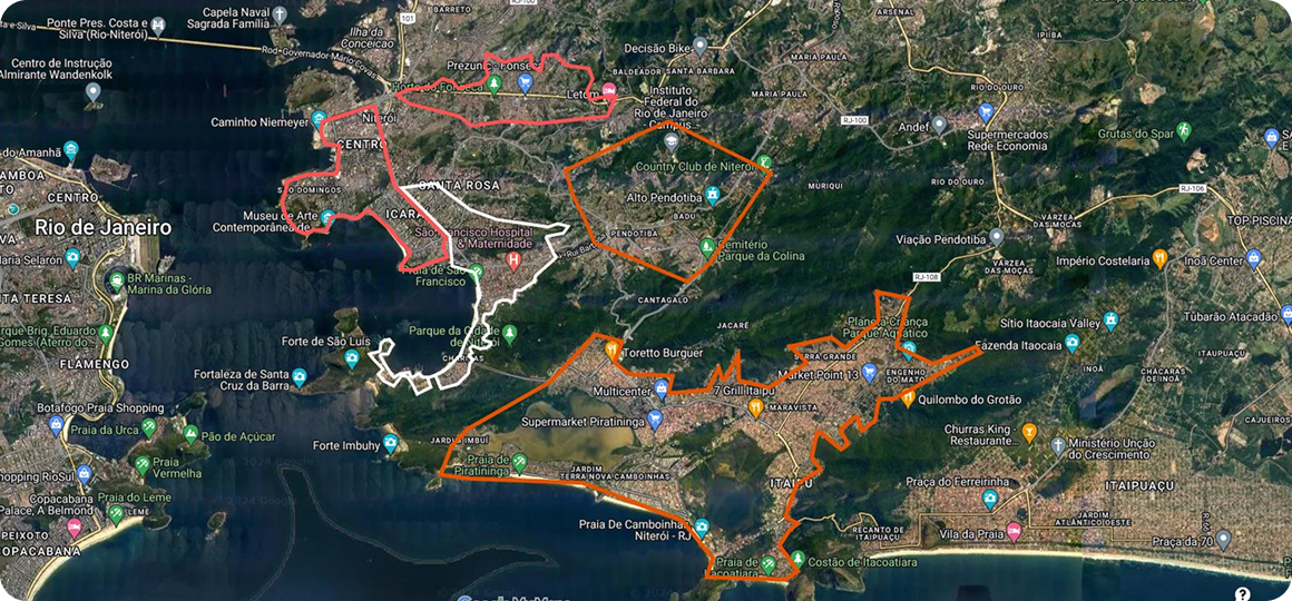Mapa de Niterói com áreas de atendimento da Roda Verde delimitadas